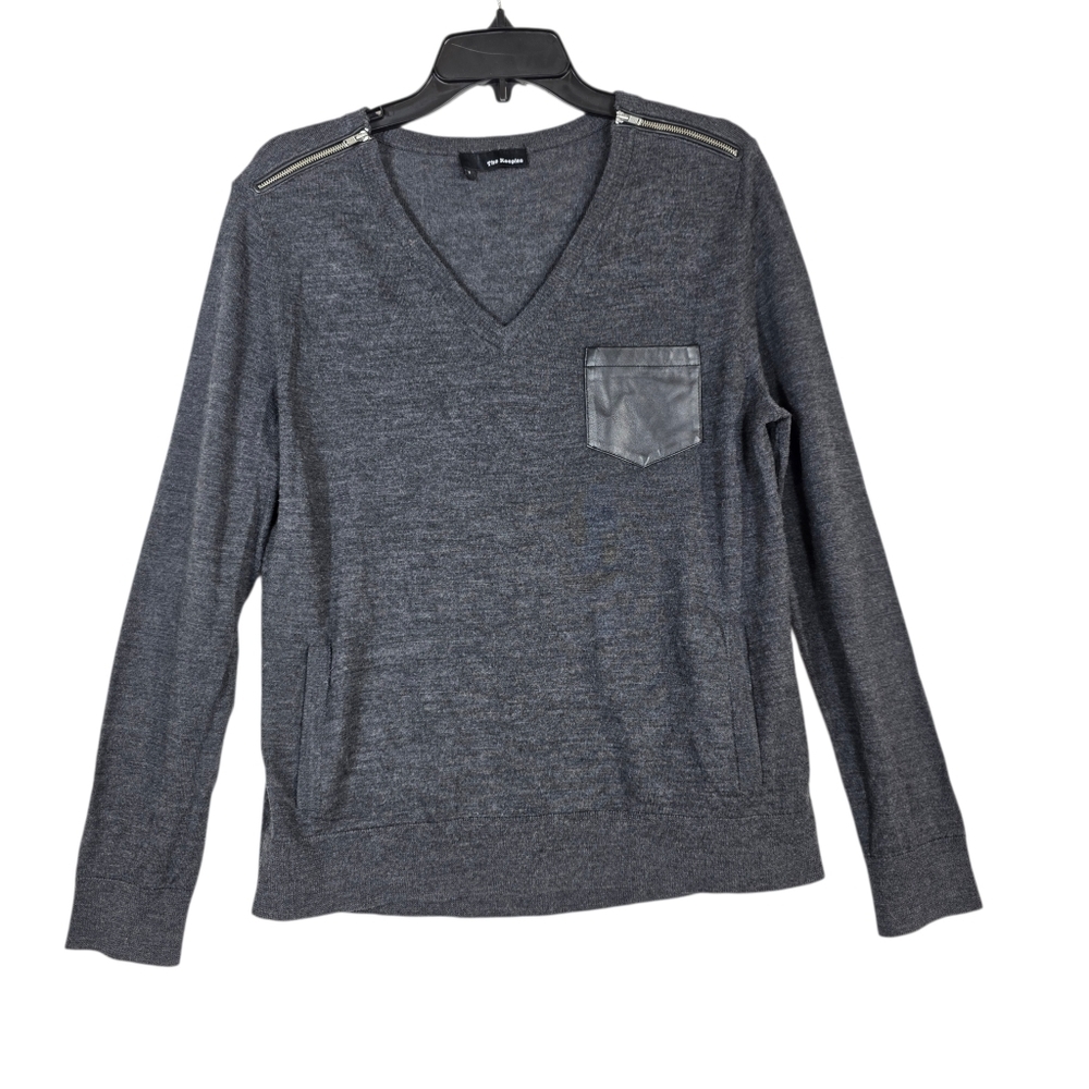 The Kooples fine knit merino wool Charcoal V-Neck Sweater front leather pocket